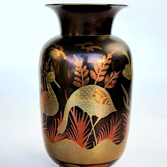 Vintage- 8 5/8" Tall - Brass & Coppr - Etched Vase - Beautiful Ornate Design